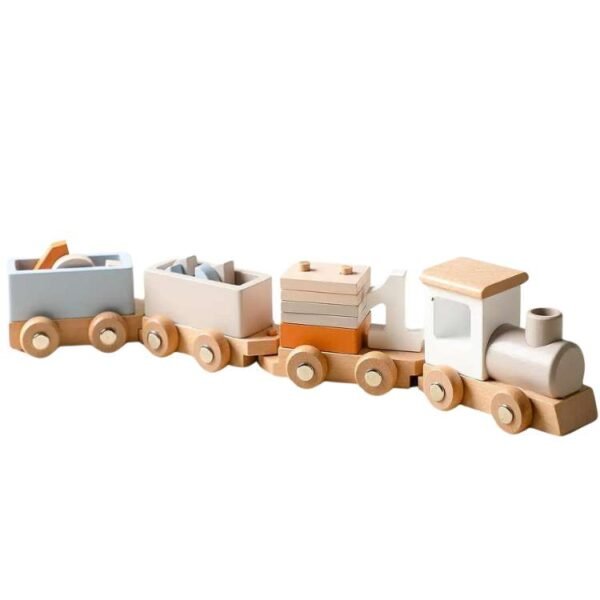 Tren de Madera Montessori para Aprendizaje Divertido sobre fondo beige